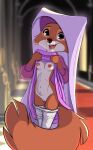  2023 absurd_res anthro areola breasts canid canine clothed clothing clothing_lift disney dress dress_lift female flashing fox fur genitals hi_res looking_at_viewer maid_marian mammal multicolored_body multicolored_fur nipples pussy red_body red_fur robin_hood_(disney) siroc solo white_body white_fur 