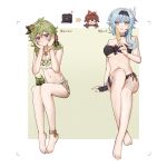  3girls alternate_costume amber_(genshin_impact) asymmetrical_hair bare_legs bare_shoulders barefoot black_gloves black_hairband blue_hair blush breasts choker cleavage closed_mouth collei_(genshin_impact) cuilein-anbar_(genshin_impact) eula_(genshin_impact) food full_body genshin_impact gloves green_hair hair_between_eyes hairband hand_on_own_face highres holding holding_food holding_ice_cream ice_cream jewelry looking_at_viewer medium_breasts medium_hair multiple_girls necklace purple_eyes scrunchie single_glove single_strap small_breasts swimsuit syall thigh_strap toes wrist_scrunchie yellow_scrunchie 