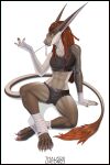  4_toes acrador ankle_wraps anthro biped bottomwear canone claws clothed clothing digitigrade dreadlocks fangs feet female hand_wraps hi_res long_ears mammal navel solo tail tail_tuft teeth thalislixeon toes topwear tuft wraps 