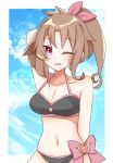  100_percent_orange_juice 1girl arm_up bikini black_bikini blue_sky border bow breasts brown_hair cleavage cloud cloudy_sky collarbone commentary_request hair_ribbon highres navel open_mouth pink_bow pink_ribbon ponytail red_eyes ribbon sky solo stomach swimsuit tomomo_(orange_juice) u_amy1207 upper_body white_border 