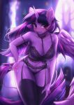  absurd_res blush bra breasts cleavage clothed clothing equid equine feathers female friendship_is_magic garter_belt garter_straps hasbro hi_res hikerumin horn legwear mammal my_little_pony panties purple_body purple_feathers solo thigh_highs twilight_sparkle_(mlp) underwear winged_unicorn wings 