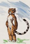  2023 anthro breasts casual_nudity dreamworks felid female full-length_portrait genitals hi_res kung_fu_panda looking_at_viewer mammal master_tigress nipples nude_anthro nude_female painting_(artwork) pantherine portrait pussy sabrotiger solo standing stripes tiger traditional_media_(artwork) watercolor_(artwork) 