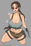  1girl bare_shoulders black_gloves blue_tank_top blush bob_(bobtheneet) braid braided_ponytail breasts brown_eyes brown_hair fingerless_gloves gloves gun highres holding holding_gun holding_weapon lara_croft large_breasts lips long_hair looking_at_viewer midriff navel plump pouch round_eyewear shorts skindentation solo sunglasses sweat tank_top thighlet tomb_raider weapon 