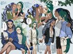  2girls bag barefoot belt black_hair black_jacket blonde_hair blue_hair bright_pupils dark-skinned_female dark_skin geeta_(pokemon) green_hair handbag highres jacket kurage long_hair long_sleeves multicolored_hair multiple_girls multiple_views musical_note partially_unbuttoned pokemon pokemon_(game) pokemon_sv ponytail rika_(pokemon) shorts side_ponytail sitting smile speech_bubble spoken_musical_note thought_bubble unbuttoned unbuttoned_shirt very_long_hair white_pupils yuri 