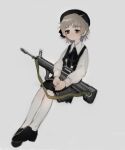  1girl assault_rifle beret black_headwear black_ribbon black_skirt brown_eyes bullpup closed_mouth collared_shirt commentary_request full_body gun hair_ribbon hat hatoba_tsugu holding holding_gun holding_weapon invisible_chair knee_blush light_blush light_brown_hair light_smile long_sleeves looking_ahead mikazuki_(mikadukia031) mole mole_under_eye neck_ribbon pantyhose qbz-95 ribbon rifle shirt shoes simple_background sitting skirt suspender_skirt suspenders tsugu_(vtuber) v_arms virtual_youtuber weapon white_background white_pantyhose white_shirt 