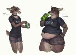  2020 anthro before_and_after belly beverage beverage_can bottle bottomwear brown_body brown_fur brown_hair cervine cettus clothed clothing collar container deer drinking female flat_chested fur hair hand_on_hip holding_beverage holding_object hotpants jewelry mammal midriff necklace overweight overweight_anthro overweight_female pants shirt shorts simple_background slim small_waist soda solo standing topwear torn_bottomwear torn_clothing torn_pants weight_gain white_background 