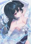  1girl black_hair breasts cleavage detached_sleeves dress earrings elbow_gloves gloves hair_between_eyes highres jewelry large_breasts long_hair lucia:_plume_(dance_of_ripplets)_(punishing:_gray_raven) lucia_(punishing:_gray_raven) nellku24 parted_lips punishing:_gray_raven red_eyes shell shell_earrings sidelocks solo water white_dress white_gloves white_sleeves 
