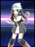 1girl absurdres arrow_(symbol) beanie black_hair boots clenched_hands dawn_(pokemon) dialogue_box dress eyelashes grey_eyes grey_footwear hair_ornament hairclip hands_up hat highres logo long_hair over-kneehighs poke_ball_symbol pokemon pokemon_(game) pokemon_dppt shabana_may short_dress sidelocks solo team_galactic team_galactic_uniform thighhighs trainer_wants_to_battle w_arms white_headwear 