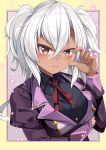  1girl biwa_hayahide_(umamusume) biwa_hayahide_(umamusume)_(cosplay) black_shirt brown_eyes commentary_request cosplay dark_skin glasses highres inset_border jacket kantai_collection long_hair long_sleeves looking_at_viewer musashi_(kancolle) neck_ribbon purple_jacket red_ribbon ribbon shirt solo twintails umamusume upper_body white_hair yasume_yukito 