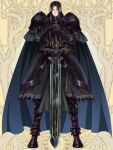  1boy armor black_armor black_cape black_footwear black_gloves black_hair boots cape dairoku_ryouhei full_body gauntlets gloves gradient_cape long_hair looking_at_viewer male_focus own_hands_together sachi_tuna shoulder_armor solo standing sword vester_abend weapon yellow_background 