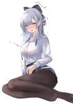  1girl @_@ argus_(a_hundred_sleepless_eye)_(azur_lane) argus_(azur_lane) arm_support azur_lane blue_ribbon blunt_bangs blush braid breasts brown_pantyhose cleavage closed_mouth collarbone collared_shirt eyelashes grey_eyes grey_hair grey_skirt hair_ribbon highres large_breasts leaning_to_the_side legs long_hair long_sleeves looking_at_viewer miniskirt miya_takanashi neck_ribbon no_shoes official_alternate_costume open_mouth pantyhose partially_unbuttoned pleated_skirt popped_button ribbon shirt sidelocks simple_background sitting skirt solo thighs toes white_background white_shirt yokozuwari 