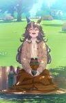  1girl animal_ears belt blanket bottle brown_bag cup dated facing_up grass grey_hair hair_between_eyes holding holding_cup horse_ears horse_girl jewelry long_hair multicolored_hair necklace open_mouth outdoors sitting solo streaked_hair sweater takuzui thick_eyebrows twitter_username umamusume water_bottle wavy_hair wonder_acute_(umamusume) 