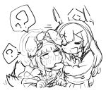  2girls blue_archive blush chibi closed_eyes greyscale hand_on_another&#039;s_head hariyaa headpat hibiki_(blue_archive) long_hair long_sleeves monochrome multiple_girls open_mouth petting simple_background smile sweat sweatdrop tail tail_wagging utaha_(blue_archive) yuri 