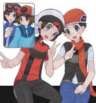  4boys :d beanie beret black_hair blue_pants bracelet brendan_(pokemon) brown_hair calem_(pokemon) commentary double_v grey_eyes hand_on_lap hand_up hat highres hilbert_(pokemon) jewelry lucas_(pokemon) male_focus multiple_boys open_mouth pants pokemon pokemon_(game) pokemon_bw pokemon_dppt pokemon_oras pokemon_xy red_scarf sana_(37pisana) scarf shirt short_hair short_sleeves sitting smile symbol-only_commentary v vest video_call white_background white_headwear zipper_pull_tab 