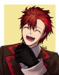  1boy black_gloves clenched_hand closed_eyes diamant_(fire_emblem) fire_emblem fire_emblem_engage gloves kanata_rot laughing male_focus open_mouth red_hair solo teeth upper_body 