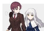  2girls bazett_fraga_mcremitz blue_dress breasts brown_suit capelet caren_hortensia dress earrings fate/hollow_ataraxia fate_(series) highres jewelry large_breasts long_hair multiple_girls necktie parted_bangs red_eyes red_hair rizu033 short_hair sidelocks small_breasts suit white_capelet white_hair yellow_eyes 