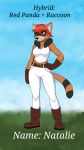  9:16 age_difference ailurid anthro anuvisur_(artist) boots bottomwear breasts clothed clothing denim denim_clothing digital_media_(artwork) english_text female footwear fur gloves hair handwear happy hi_res hybrid jeans legwear mammal markings pants procyonid raccoon red_hair red_panda ring_(marking) ringtail shirt short_hair simple_background solo t-shirt tail tail_markings text topwear younger_female 