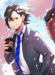  1boy 1other alternate_costume black_hair blue_necktie brown_eyes cherry_blossoms coffee collared_shirt cup day disposable_cup fate/extella fate/extella_link fate/extra fate/grand_order fate_(series) kotoko902 long_sleeves looking_at_another male_focus mandricardo_(fate) necktie outdoors petals shirt short_hair smile suit teeth white_shirt 