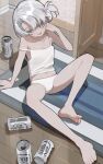  1girl alcohol barefoot beer beer_can blue_eyes camisole can flat_chest folded_ponytail frost_fog grey_hair highres looking_at_viewer off_shoulder on_floor original panties parted_lips sitting solo underwear white_camisole white_panties 