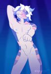  animated anthro blue_eyes featureless_crotch hair hand_behind_head hip_sway horn lopertinger male navel nipples nude null reptile scalie simple_background snake solo solo_focus tail tongue tongue_out white_body white_hair 