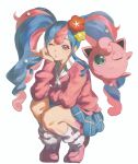  1girl ;o blue_skirt collared_shirt fairy_miku_(project_voltage) flower full_body hair_flower hair_ornament hatsune_miku highres jigglypuff long_hair long_sleeves looking_at_viewer loose_socks miniskirt multicolored_hair neckerchief one_eye_closed open_mouth pink_eyes pink_footwear pink_lips pink_sweater plaid plaid_skirt pokemon pokemon_(creature) project_voltage puffy_long_sleeves puffy_sleeves pursed_lips r_r_i_n red_flower school_uniform shirt shoes skirt socks solo squatting sweater tiptoes twintails two-tone_hair vocaloid white_neckerchief white_shirt white_socks yellow_flower 