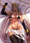  abs absurdres alternate_breast_size artist_name bikini black_bikini black_thighhighs blue_eyes breasts chain choker crown elbow_gloves fate/grand_order fate_(series) gloves grey_hair highleg highleg_bikini highres large_breasts long_hair looking_at_viewer lying multicolored_hair muscular muscular_female on_back shaded_face shadow signature swimsuit tan thighhighs thighs two-tone_hair very_long_hair zenobia_(fate) zinfian 