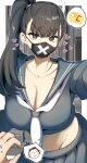  1boy 1girl arona&#039;s_sensei_doodle_(blue_archive) black_eyes black_hair black_mask blue_archive border breasts cleavage collarbone covered_mouth crop_top flying_sweatdrops furrowed_brow gin_moku grey_serafuku groin heart highres large_breasts long_hair looking_at_viewer mask midriff mouth_mask navel neckerchief outside_border pleated_skirt pov pov_hands school_uniform sensei_(blue_archive) serafuku side_ponytail skirt solo_focus speech_bubble spoken_character spoken_object sukeban_(smg)_(blue_archive) sweatdrop upper_body white_border white_neckerchief 
