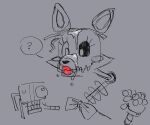  animatronic bodily_fluids bow_tie cum cum_on_face female five_nights_at_freddy&#039;s five_nights_at_freddy&#039;s_2 genital_fluids kint lips lipstick machine makeup mangle_(fnaf) question_mark robot scottgames simple_background solo speech_bubble thick_lips wire 