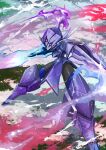  absurdres arm_blade armor black_skin blade bright_pupils ceruledge colored_skin denjyou23 eye_trail fiery_hair fire flaming_eyes grass highres knight light_trail no_humans pokemon pokemon_(creature) pokemon_(game) pokemon_sv purple_armor purple_fire sky sword weapon white_pupils 