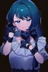  1girl black_background black_bow blue_eyes blue_hair blush bow bowtie braid detached_sleeves earrings highres jewelry kiritani_haruka looking_at_viewer parted_lips project_sekai shirt short_hair short_sleeves single_earring smile solo uminokaisen upper_body white_shirt wrist_bow 