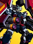 absurdres alex_(apdoodles) arm_shield beam_cannon earth_federation_space_forces full_armor_gundam gundam gundam_thunderbolt highres looking_at_viewer mecha missile_pod mobile_suit no_humans robot science_fiction signature simple_background solo standing v-fin yellow_background yellow_eyes 