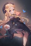  1girl abigail_williams_(fate) black_bow black_dress black_headwear blonde_hair bloomers blue_eyes bow breasts bug butterfly dress fate/grand_order fate_(series) forehead hair_bow hat highres long_hair long_sleeves looking_at_viewer miya_(miyaruta) open_mouth orange_bow parted_bangs ribbed_dress small_breasts solo stuffed_animal stuffed_toy teddy_bear underwear white_bloomers 
