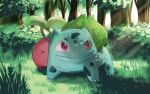  animal_focus bright_pupils brown_eyes bulbasaur cherubi claws closed_mouth dappled_sunlight dougaku_(passionpit777) forest hiding hiding_behind_another nature no_humans nostrils on_grass outdoors pokemon pokemon_(creature) red_eyes sunlight tree white_pupils 