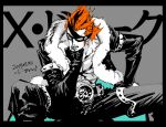  1boy black_pants chest_tattoo coat commentary dated eyelashes fur_coat grey_background hand_on_own_chin kotteri looking_at_viewer male_focus muscular muscular_male one_piece orange_hair pants partially_colored simple_background sitting solo spiked_hair tattoo x_drake 