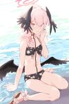  1girl absurdres ankle_ribbon bikini black_bikini black_bow black_wings blue_archive bow breasts collarbone feathered_wings floral_print front-tie_bikini_top front-tie_top full_body haimura_kiyotaka hair_bow hair_over_shoulder halo hand_up head_wings highres koharu_(blue_archive) koharu_(swimsuit)_(blue_archive) leg_ribbon legs long_hair low_twintails low_wings official_alternate_costume parted_lips pink_eyes pink_hair pink_halo print_bikini ribbon sand sandals shore sitting small_breasts spaghetti_strap swimsuit toenails toes twintails wariza water white_ribbon wings 