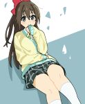  1girl arm_rest blue_background blue_eyes bow brown_hair cardigan closed_mouth dot_nose feet_out_of_frame hair_between_eyes hair_bow half_updo hand_to_own_mouth hand_up hasubou_(isaribashi) invisible_chair jaggy_lines kneehighs knees_together_feet_apart layered_clothes layered_sleeves light_blush long_hair long_sleeves looking_at_viewer love_live! love_live!_nijigasaki_high_school_idol_club miniskirt neck_ribbon nijigasaki_academy_school_uniform ousaka_shizuku plaid plaid_skirt pleated_skirt red_bow ribbon school_uniform sitting skirt sleeves_past_wrists smile socks solitude_rain_(love_live!) solo split_mouth thighs two-tone_background water_drop white_background white_socks yellow_cardigan yellow_ribbon 