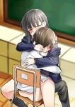  1boy 1girl black_hair black_jacket blush boku_no_kokoro_no_yabai_yatsu brown_eyes chair chalkboard classroom girl_on_top hetero highres hug ichikawa_kyoutarou indoors jacket long_hair michomicho on_chair sex shirt short_hair sitting sitting_on_person straddling white_shirt yamada_anna 