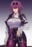  1girl absurdres black_jacket black_shorts breasts chest_harness cleavage gloves harness highres honkai:_star_rail honkai_(series) jacket jacket_on_shoulders jewelry kafka_(honkai:_star_rail) large_breasts light_smile looking_at_viewer medium_breasts medium_hair pince-nez purple_eyes purple_gloves purple_hair round_eyewear shirt shirt_tucked_in shorts signature simple_background solo standing yiran 