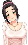  1girl black_hair blush breasts cleavage collarbone commentary_request ebihara_naho green_eyes hair_bun head_tilt highres idolmaster idolmaster_cinderella_girls jewelry large_breasts long_sleeves looking_at_viewer necklace parted_lips pink_scrunchie pink_shirt popon_ta scrunchie shirt short_hair sidelocks smile solo upper_body white_background 