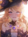  black_headwear blonde_hair blue_eyes blush breasts cleavage commentary crying drill_hair drill_sidelocks earrings flower gem genshin_impact hat hat_flower jewelry long_hair navia_(genshin_impact) open_mouth pokira purple_gemstone sidelocks 