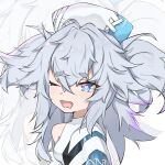  1girl ;o absurdres blue_eyes commentary florence_(girls&#039;_frontline_nc) girls&#039;_frontline girls&#039;_frontline_neural_cloud grey_hair heart heart-shaped_pupils highres looking_at_viewer medium_hair messy_hair nurse one_eye_closed open_mouth pa-15_(girls&#039;_frontline) pakua short_eyebrows single_bare_shoulder solo symbol-shaped_pupils touhou upper_body zoom_layer 