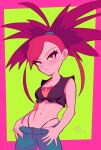  blue_pants blush closed_mouth commission crop_top flannery_(pokemon) frankgallaxx highres long_hair looking_at_viewer midriff navel pants pink_background pixiv_commission pokemon pokemon_(game) pokemon_oras red_eyes red_hair thong two-tone_background yellow_background 