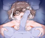  1boy 1girl ahoge bangs bed breast_press breasts brown_eyes brown_hair collarbone commentary completely_nude crossed_bangs earrings erection fellatio glasses heart heart-shaped_pupils hololive hololive_english jewelry large_penis looking_at_viewer lying medium_breasts medium_hair moral_cacoethes multicolored_hair nanashi_mumei nude on_back on_bed open_mouth oral penis pillow pink_nails pov precum round_eyewear saliva saliva_on_penis saliva_trail short_hair sidelocks single_earring sitting sitting_on_person solo_focus streaked_hair symbol-only_commentary symbol-shaped_pupils tongue tongue_out upper_body veins veiny_penis virtual_youtuber 
