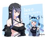  +++ 2girls ahoge animal_ear_fluff animal_ear_piercing animal_ears bandeau belt black_bandeau black_bow black_bowtie black_dress black_hair black_jacket blue_belt blue_hair blue_jacket blush bow bowtie breasts brown_eyes chest_belt cleavage cleavage_cutout closed_eyes closed_mouth clothing_cutout commentary_request curled_horns demon_girl demon_horns dog_ears dress earrings expressionless grey_horns hair_between_eyes hair_bow hebiyoi_tier horns jacket jewelry large_breasts long_bangs long_hair long_sleeves looking_to_the_side low_twintails medium_bangs miyabe_makoto multicolored_hair multiple_girls nanashi_inc. off_shoulder open_clothes open_jacket open_mouth pointy_ears sidelocks sleeveless sleeveless_dress smile souya_ichika translation_request twintails two-tone_background two-tone_hair upper_body virtual_youtuber white_background 