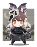  1girl animal_ears bat_ears bat_girl bat_wings boots brown_eyes brown_hair brown_long-eared_bat_(kemono_friends) dead_by_daylight extra_ears forest gloves grey_hair highres jacket kemono_friends kemono_friends_v_project knife long_hair looking_at_viewer mabuta_(mbt) mask moon nature night night_sky parody sky solo virtual_youtuber wings 