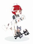  2boys :&lt; ahoge animal_ears animal_hands black_necktie black_shirt blue_eyes blue_hair chibi closed_mouth coat collared_shirt commentary_request dog_boy dog_ears dog_tail employee_(lobotomy_corporation) film_grain gloves grey_gloves grey_jacket grey_pants horns jacket lobotomy_corporation long_sleeves male_focus multiple_boys necktie open_mouth pants paw_gloves project_moon red_hair shirt short_hair smile somalia tail white_coat white_necktie white_pants white_shirt 