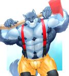  2022 abs anthro armpit_hair axe axe_beak black_nipples black_pawpads black_sclera blue_background blue_body blue_eyes blue_fur body_hair bottomwear canid canine canis claws clothing finger_claws firefighter firefighter_uniform fur grin hi_res holding_axe holding_object male mammal muscular muscular_anthro muscular_male naval_tuft navel nipples obliques pants pawpads pecs pubes roderick_(limits_vn) rujirublkdragon simple_background smile solo suspenders titandraugen uniform white_background wolf yellow_bottomwear yellow_clothing yellow_pants 