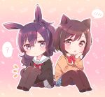  2girls :o ? animal_ears asahina_mafuyu black_footwear black_jacket black_pantyhose blue_skirt blush bow braid brown_background brown_eyes brown_hair brown_pantyhose brown_sweater cat_ears cat_girl cat_tail chibi closed_mouth diagonal-striped_bow gradient_background grey_serafuku grey_shirt grey_skirt hair_between_eyes hair_over_shoulder highres hugging_own_legs jacket kemonomimi_mode knees_up loafers long_hair long_sleeves looking_at_viewer multiple_girls neckerchief notice_lines open_clothes open_jacket outline pantyhose parted_lips pink_background pleated_skirt ponytail project_sekai puffy_long_sleeves puffy_sleeves purple_eyes purple_hair rabbit_ears rabbit_girl rabbit_tail red_bow red_neckerchief sailor_collar school_uniform serafuku shinonome_ena shirt shoes sitting skirt sorimachi-doufu spoken_blush spoken_question_mark sweater tail white_outline white_sailor_collar 