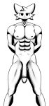  abs absurd_res anthro balls big_penis domestic_cat felid feline felis fur genitals hi_res looking_at_viewer male mammal monochrome muscular nipples penis presenting rhaso silly_cat_(mauzymice) solo standing 