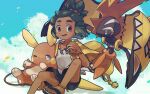  1boy alolan_raichu dark-skinned_male dark_skin fuwaxfuwa green_hair hau_(pokemon) hau_(sygna_suit)_(pokemon) jewelry looking_to_the_side male_focus necklace official_alternate_costume one_eye_closed pokemon pokemon_(creature) pokemon_(game) pokemon_masters_ex ponytail sandals sitting tapu_koko 